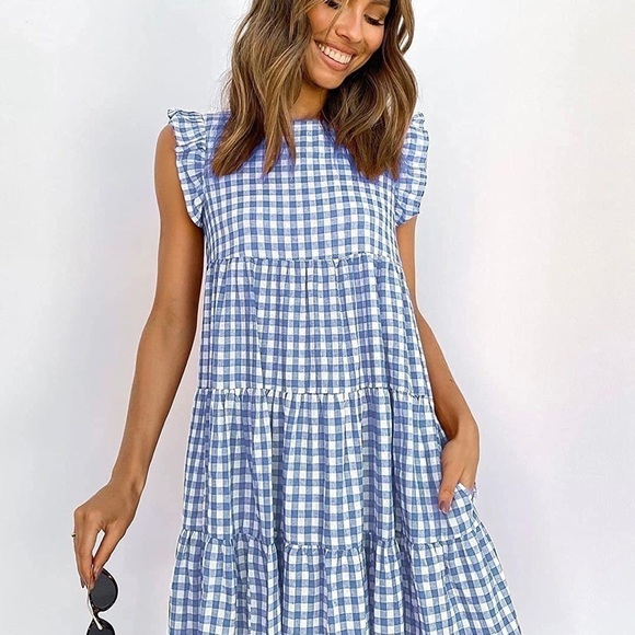 Kirundo Gingham Blue & White Ruffle Mini Dress - Picture 5 of 5